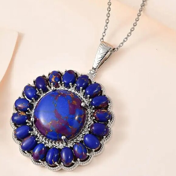 Purple Mojave Howlite Lrg Round Floral Pendant Necklace & matching Hoop Earrings - Picture 2 of 11